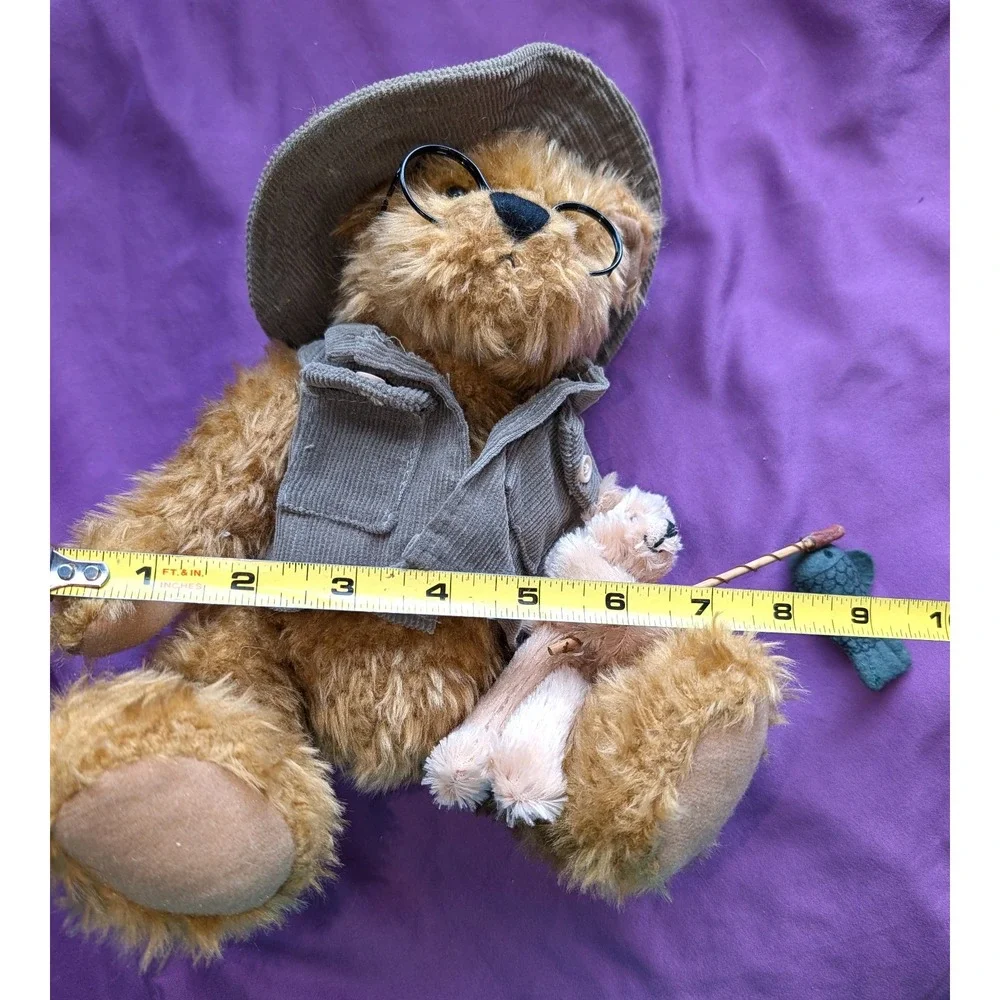 Plush Brown Grandpa Bear glasses fishing pole Creel Vest Glasses Grandchild Hat